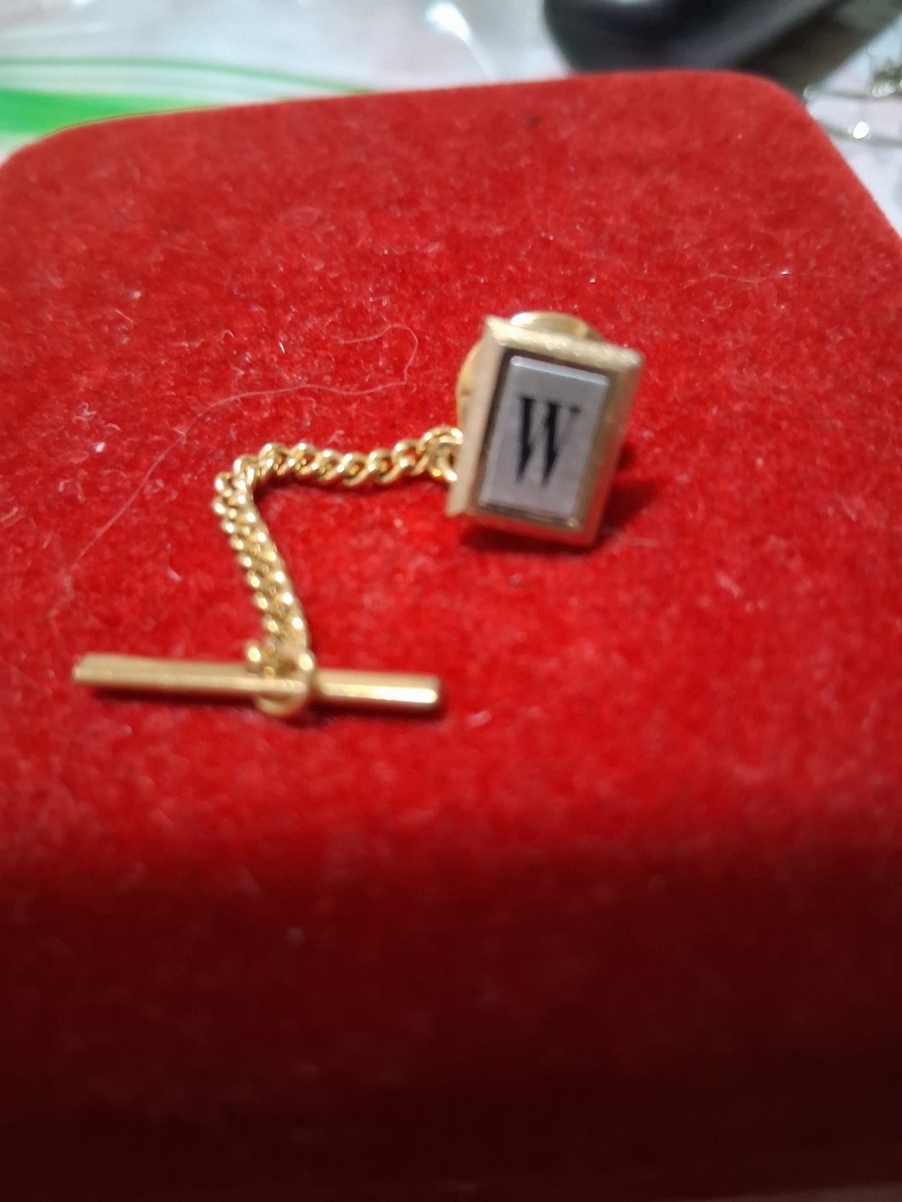 Source Unknown Gold Tie Tack with Black Initial W